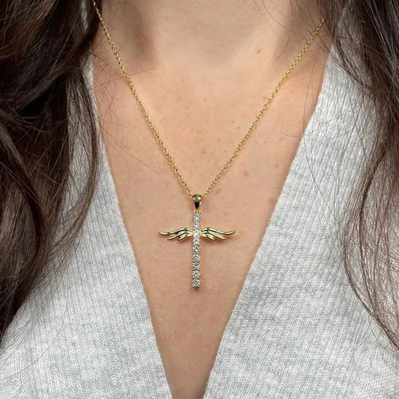 Women's Fashion 18 K Gold Fashion Cross Diamond Pendant Necklace Angel Diamond Necklace