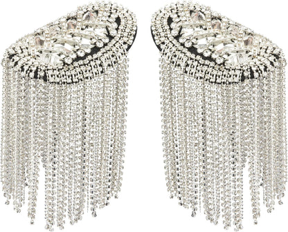 2 Pieces Tassel Epaulets Metal Fashion Shoulder Jewelry Rhinestones Cloth Accessories Brooches for Women, 2×3.7In (Silver)