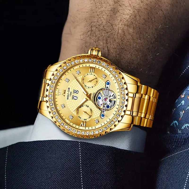 WOLF-CUB New Men Luxury Diamond Watch Full Gold Watch Tourbillon Mechanical Watch Automatic Watch Stainless Steel Waterproof Luminous Relogio Masculinos