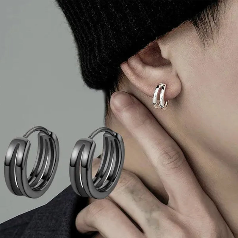 1Pair Stainless Steel Hoop Earrings Punk Multilayer round Double Hip Hop Pierced Stud Earrings