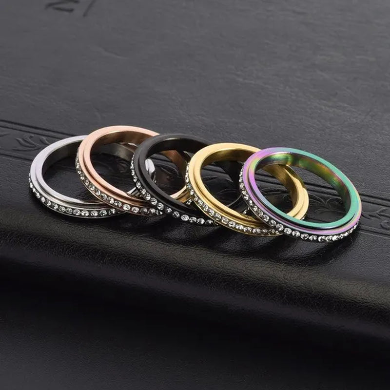 3mm Wide Titanium Steel Exquisite Thin Spinner Ring Inlay Single Row Rhinestones for Women Men Luxury Fashion Fine Stackable CZ Rings Engagement & Wedding Band Silver / Black / Gold / Multicolor / Rose Gold US Size 5-12