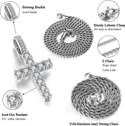 Cross Chain for Men 14K Gold Silver Plated Solid Iced Out 5A+ Cubic Zirconia Stainless Steel Cuban Link Rope Layered Chains 16-24 Inch Large Cross Diamond Pendant Nceklace Jewelry Gifts