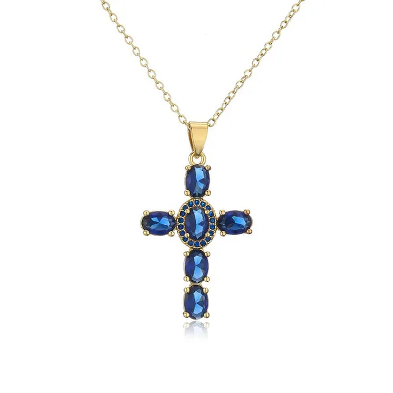 Fashion Jewelry Luxurious Temperament Gold-Plated Sapphire Emerald Ruby Topaz Amethyst Cross Pendant Necklace
