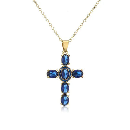 Fashion Jewelry Luxurious Temperament Gold-Plated Sapphire Emerald Ruby Topaz Amethyst Cross Pendant Necklace