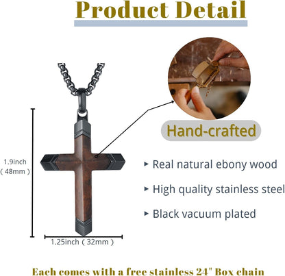Cross Necklace for Men, Real Ebony Wooden Mens Cross Necklace Black Stainless Steel Christian Handmade Wood Pendant for Men, 24 Inch Box Chain