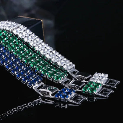 CANDICE Exquisite Hand-Inlay 3 Rows Round Cut Shining CZ Silver Plating Wide Bracelets Bangles High Quality Female Wedding Party Jewelry