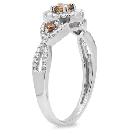 0.50 Carat (Ctw) 10K Gold round Champagne & White Diamond 3 Stone Halo Bridal Engagement Ring 1/2 CT