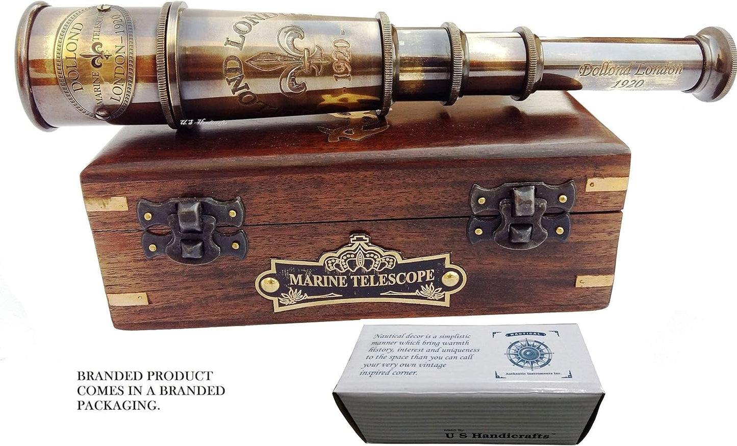 1920 Marine Telescope Collectible Décor Nautical Spyglass Antique Mounted Solid Brass 15 Inch Pirate Telescope with Wooden and Branded Corrugate Box.