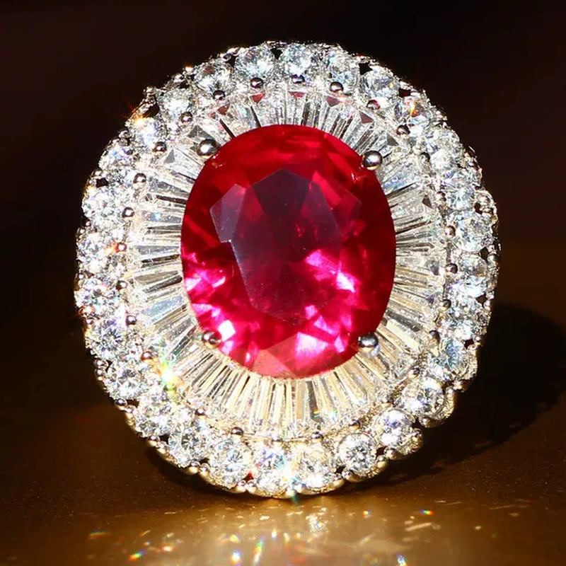 Luxurious  Silver Natural Gemstones Ruby And White Sapphire Wedding Birthstone Bride Engagement Multilevel Square Ring Jewelry Size 6 7 8 9 10