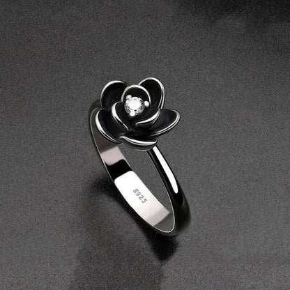 Simple Ladies Antique Silver Black Rose Flower Floral Ring for Women Female Wedding Engagement Party Jewelry Christmas Gift
