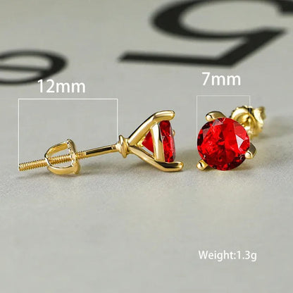 18K Gold Three-Prong Martini Round Ruby Stud Earrings Bride Wedding Engagement Jewelry Gifts 7mm/8mm