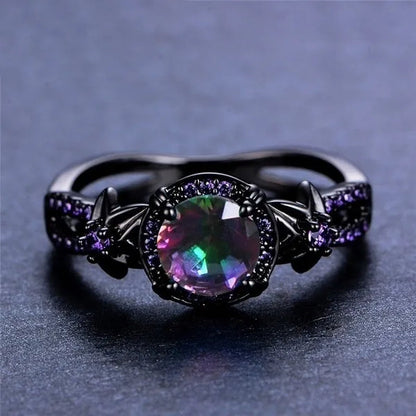 Bamas Mystic Rainbow Fire Topaz Flower Ring Purple Amethyst Black Gold color Jewelry Size 5-12 Bague Femme