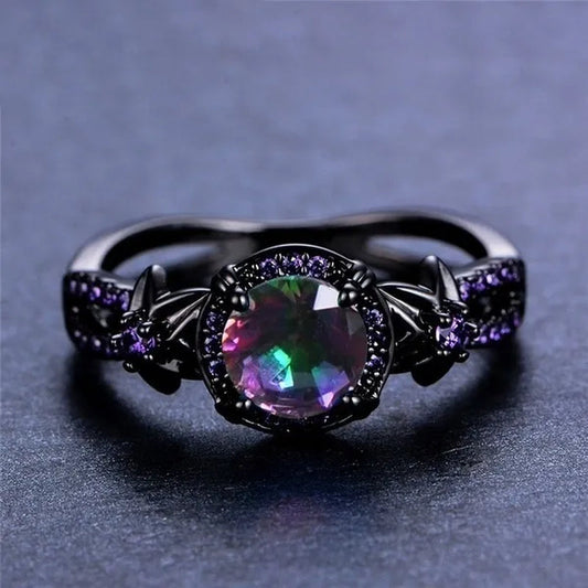 Bamas Mystic Rainbow Fire Topaz Flower Ring Purple Amethyst Black Gold color Jewelry Size 5-12 Bague Femme