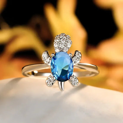 Rainbow Stone Turtle Rings Cute Animal Sea Turtle Ring White Sapphire Diamond Ring Ocean Style Turtle Aquamarine Crystals Rings for Women and Men Birthday Party Anniversary Gift Wedding Engagement Ring Jewelry 14 Colors Size 5-11