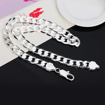 European Fashion Luxury Exaggeration Men's and Women's Bright 925 Sterling Silver Sideways Chain Necklace Exquisite Cuban Necklace Size Includes 16-30 inches