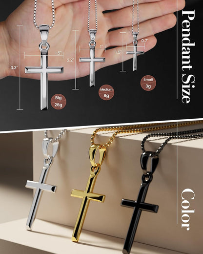 Exquisite Cross Necklace for Men and Women, Silver/Gold/Black Cross Chain with Top-Grade 316L Stainless Steel Cross Pendant, 18-24 Inch Box/Byzantine Chains