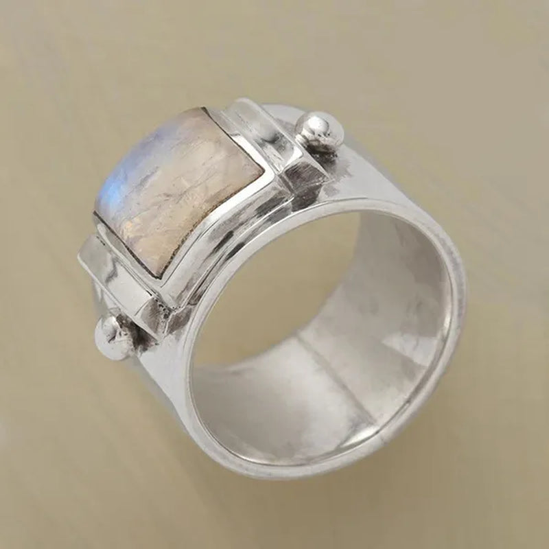 American Europe Women's Fashion Jewelry Antique Silver Natural Gem Moonstone Ring Ladies Engagement Wedding Anniversary Ring for Mom Wife Girlfriend Birthday Gift Jewelry Size US4-11