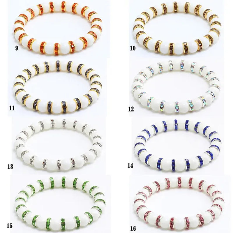 Natural Stone Pink Crystal Quartz &White Porcelain Rhinestones Bracelets & Bangles Charm Powder Beads Strand Bracelet Love Gifts for Women Men Casual Jewelry