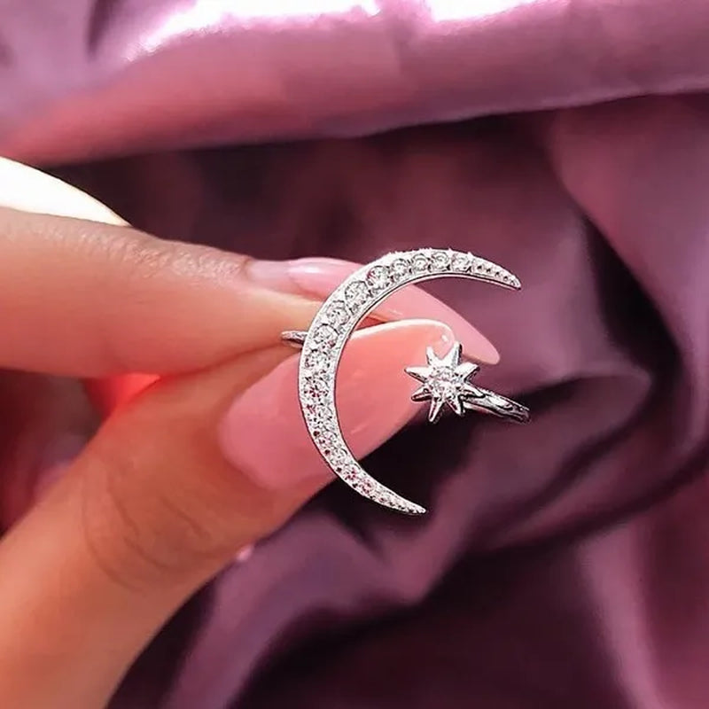 Gorgeous Women 925 Sterling Silver Rose Gold Natural Gemstones White Sapphire Diamond Stars Moon Adjustable Open Ring Romantic Wedding Bride Engagement Anniversary Rings Jewelry