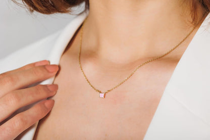 Natural Pink Opal Necklace for Women - Authentic 925 Sterling Silver 18K Gold Jewelry, Dainty Minimalist Square Pink Opal Pendant Necklace for Teen Girls, October Birthstone Gift for Mothers Day