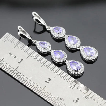 Water Drop Purple Amethyst White Topaz Zircon 925 Silver Wedding Jewelry Sets Necklace Pendant Long Earrings Rings For Women