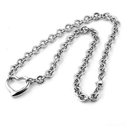 Charming Bracelet Necklace Set Silver Stainless Steel Oval Chain Womens Solid Heart Pendant Bracelet Accessories