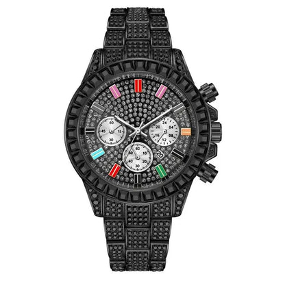 Men Watch Luxury Brand Mens Gold Men Watch Quartz Clock Chronograph Colorful Diamond Steel Iced Out Watch Reloj Hombre