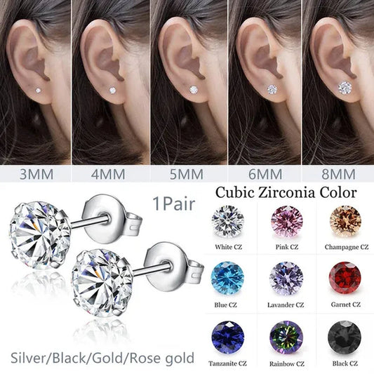 1 Pairs 3-8Mm Unisex Stud Earrings, 316L Stainless Steel round Cubic Zirconia Stud Earring, Ear Cartilage Piercing Earrings 9 Zircon Colors