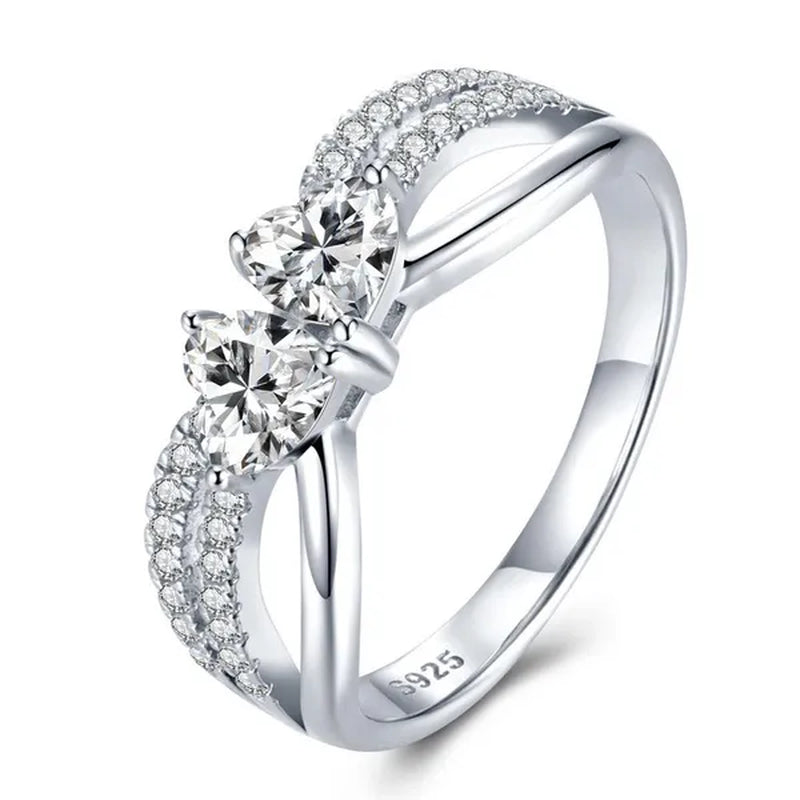 925 Sterling Silver Double Heart with Heart Moissanite Diamond Rings Wedding Enagement Courtship Ring Jewelry
