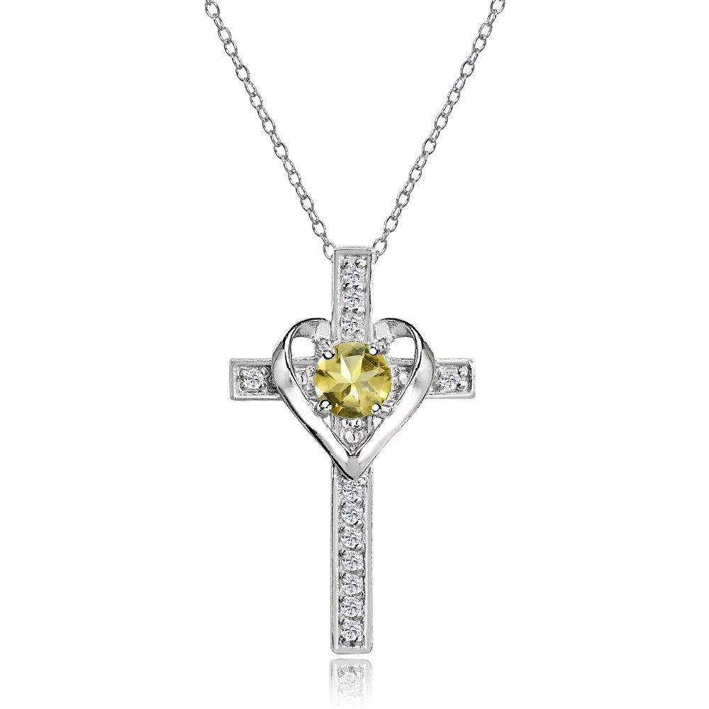Sterling Silver Citrine and White Topaz Heart Cross Birthstone Pendant Necklace