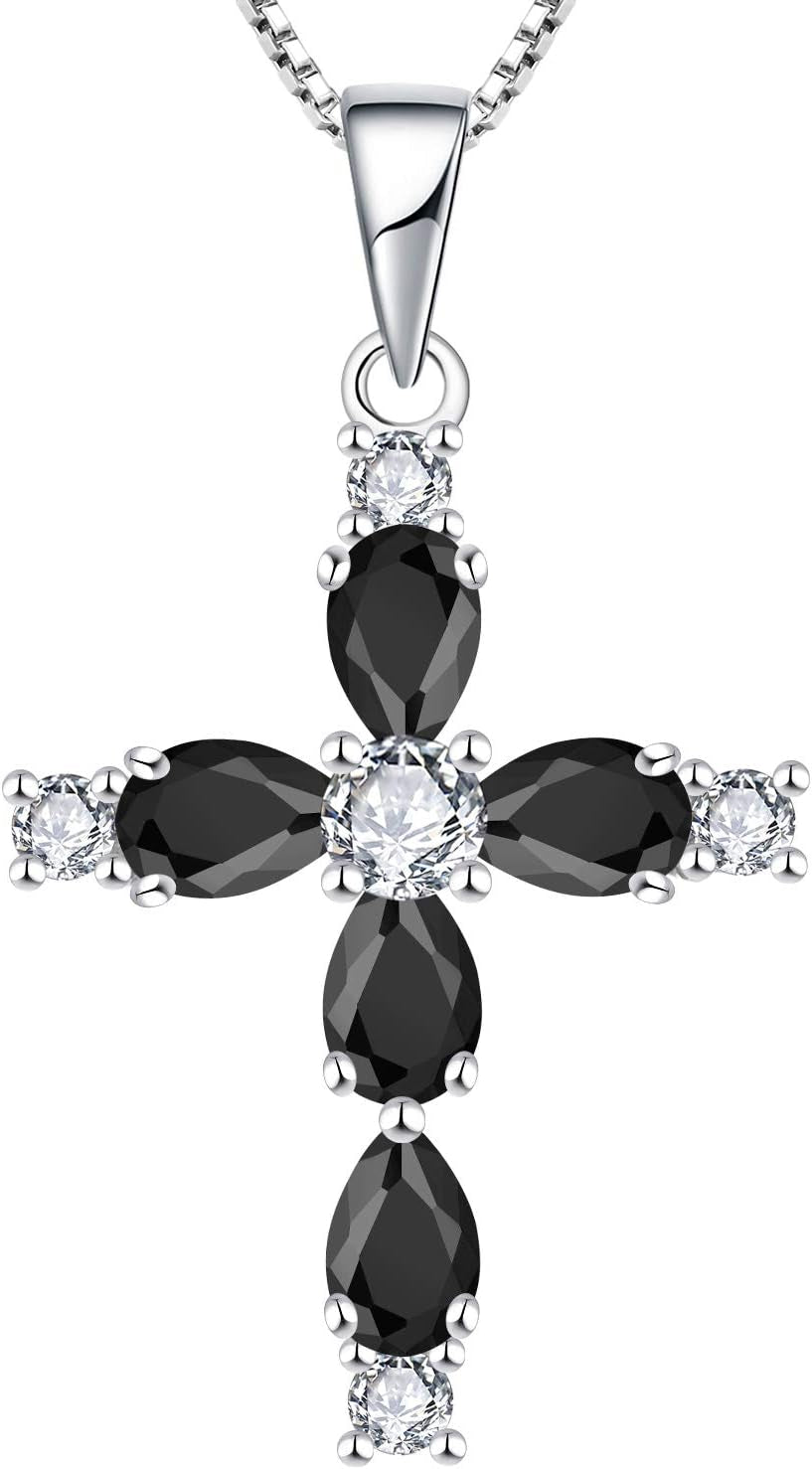 Gemstone Cross Necklace 925 Sterling Silver Birthstone Religious Pendant Jewelry for Women