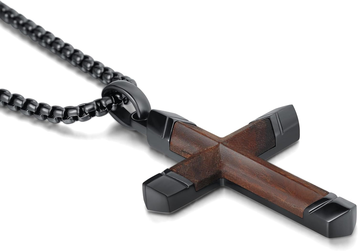 Cross Necklace for Men, Real Ebony Wooden Mens Cross Necklace Black Stainless Steel Christian Handmade Wood Pendant for Men, 24 Inch Box Chain