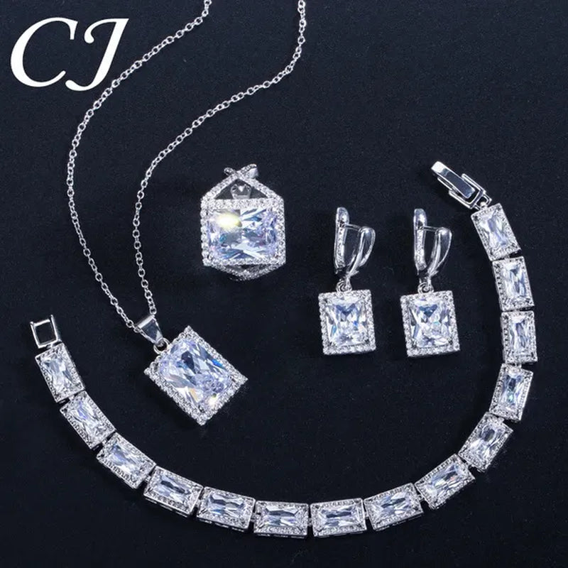 CANDICE Sparkling Princess Cut Clear Crystal Pave Stylish Sterling Silver Necklace Earrings Bracelet and Ring 4 Pcs Wedding Jewelry Set With Tiny CZ Stone