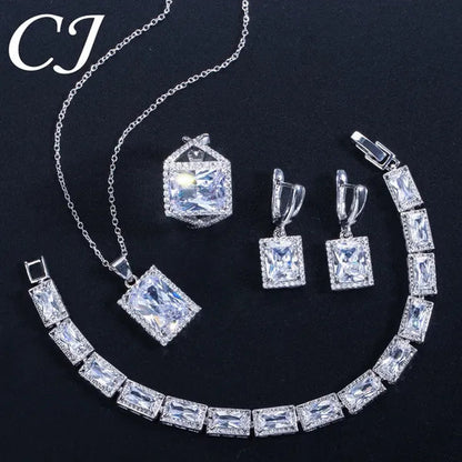 CANDICE Sparkling Princess Cut Clear Crystal Pave Stylish Sterling Silver Necklace Earrings Bracelet and Ring 4 Pcs Wedding Jewelry Set With Tiny CZ Stone