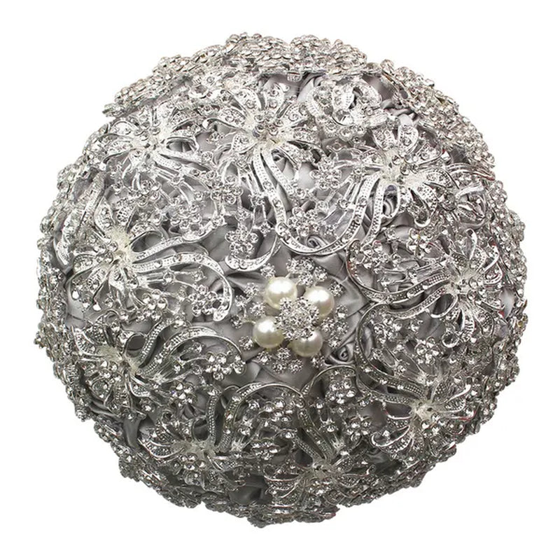 18CM Luxurious Shiny Full Diamonds Brooch Bouquet Silver Rhinestone Bridal Bouquet Ribbon Satin Rose Wedding Bride Holding Flowers