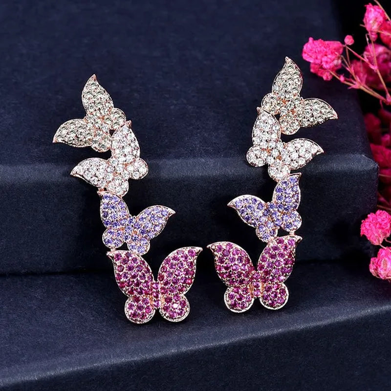 CANDICE Beautiful Butter-fly Drop Full Micro Pave Tiny CZ Long Earrings Lady Fashion 585 Rose Gold Plated Ear Jewelry