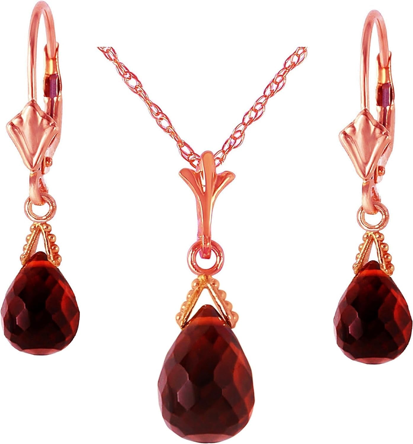 14K Solid Gold Jewelry Set: Natural Briolette Garnet Pendant Necklace and Dangle Earrings