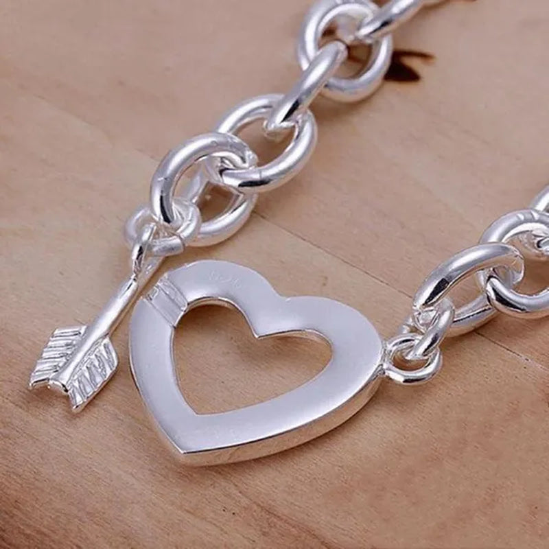 New 925 Sterling Silver Through Heart Bracelet Bangle for Men Women Fashion Party Wedding Jewelry Valentine's Gift