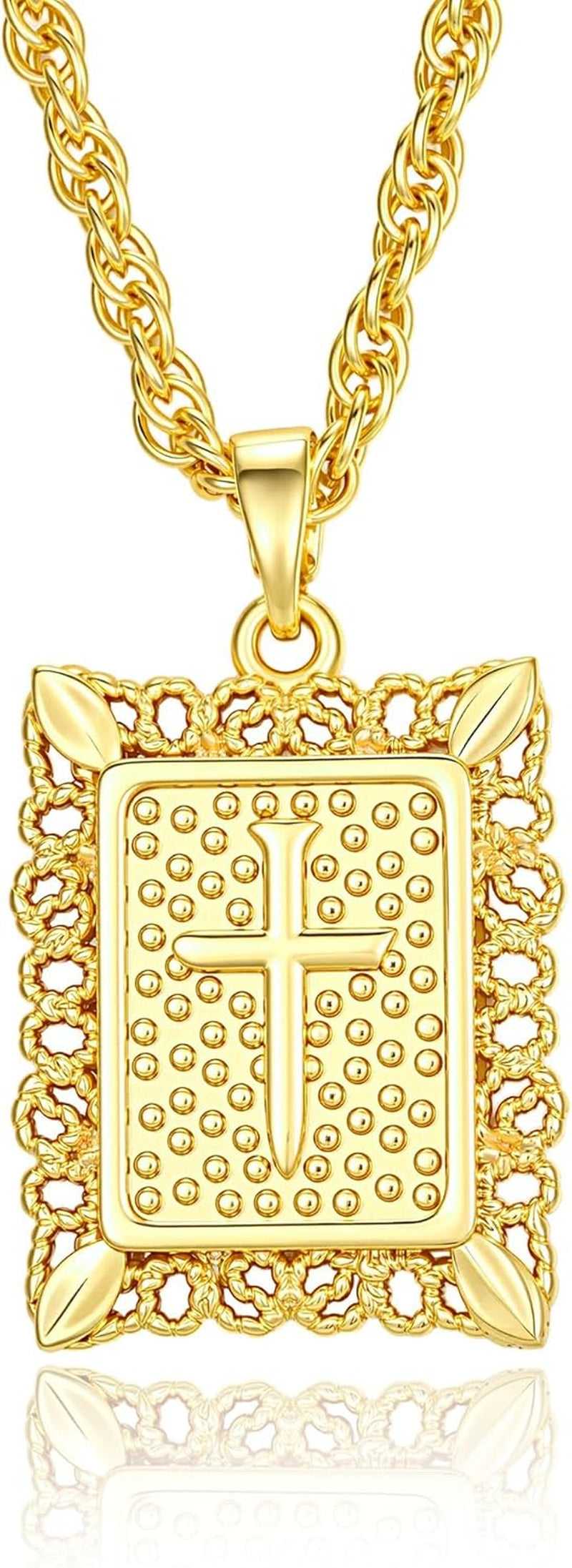 Cross Pendant Necklace for Women Men, 14K Gold/Silver Plated Square Faith Christian Figaro Chain Religious Jewelry Gift for Christian