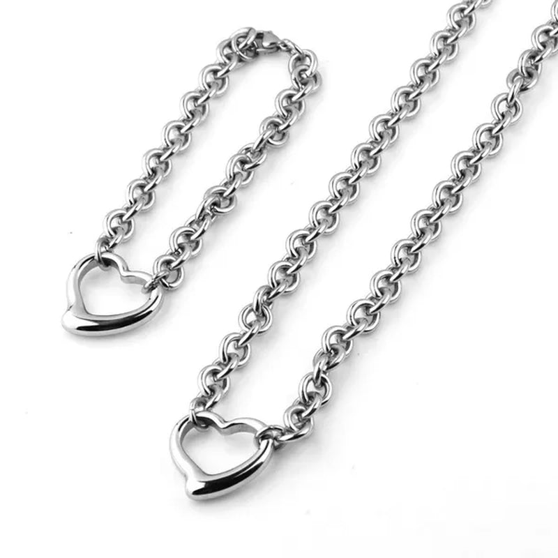 Charming Bracelet Necklace Set Silver Stainless Steel Oval Chain Womens Solid Heart Pendant Bracelet Accessories