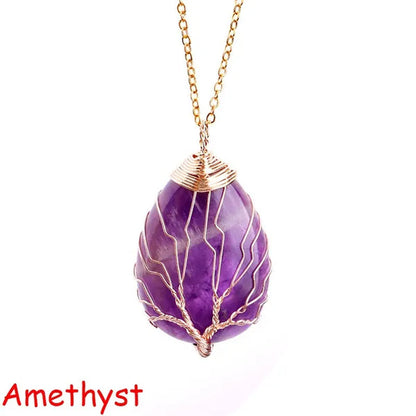 Vintage Natural Gemtone Crystal Amethyst Rose Quartz Tiger Eye Stone Water Drop Tree of Life Pendant Necklace for Women Men Jewelry