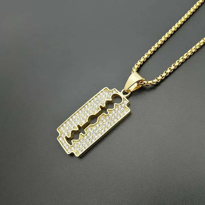 316 Stainless Steel Gold Plated Diamond Blade Pendant Necklace Men's Hip Hop Jewelry