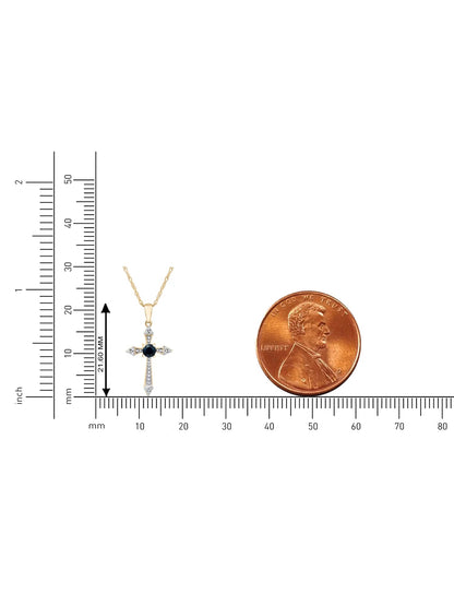 Gemstone 10K Yellow Gold round Cut Blue Sapphire Diamond Accent Cross Necklace