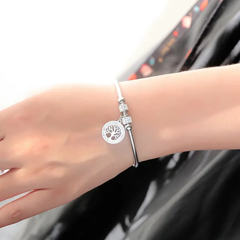Gold Plated Tree of Life Bangle Bracelet Women Stainless Steel Family Tree Charm Bracelets with AAA Rhinestones & Magnetic Buckle