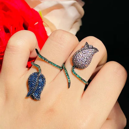 CANDICE Unique Finger Jewelry Micro Pave Pink Green Cubic Zirconia Black Gold Plated Rose Flower Adjustable Ring for Women Wedding