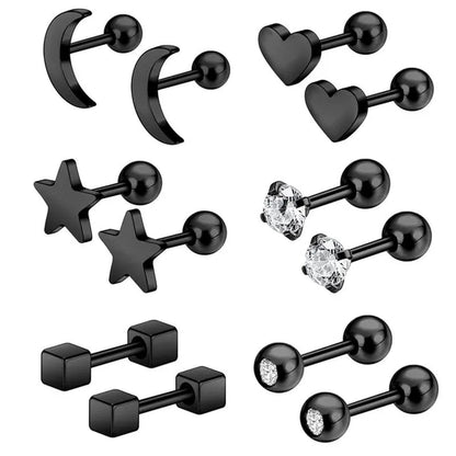 6 Pairs 5 Colors Stainless Steel Tiny Stud Earrings for Women Girls Heart Moon Star Crystal CZ Earrings Cartilage Helix Ear Piercing Set