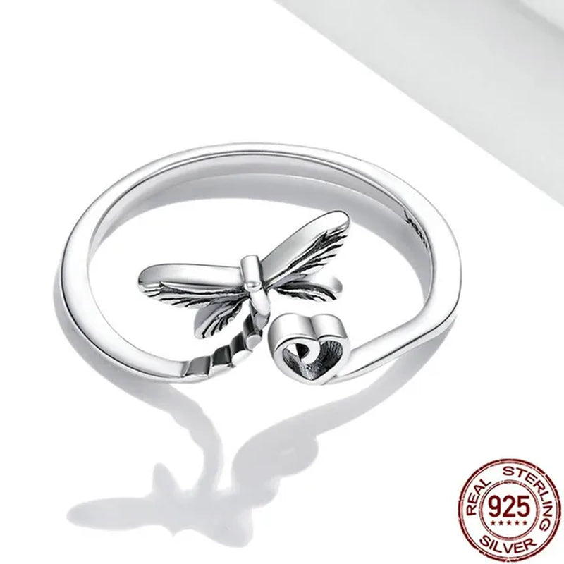 2021 New Dragonfly Love Heart Open Ring 925 Sterling Silver Vintage Insect Ring for Women