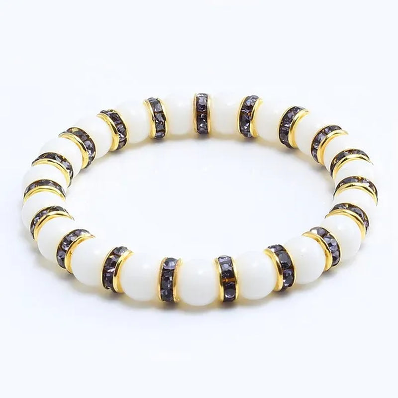 Natural Stone Pink Crystal Quartz &White Porcelain Rhinestones Bracelets & Bangles Charm Powder Beads Strand Bracelet Love Gifts for Women Men Casual Jewelry