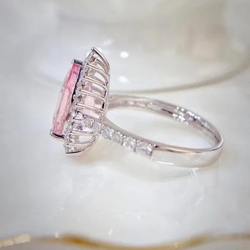Luxurious High-quality Flower Shaped Silver Inlaid Dazzling Pink Zircon Women's Ring, Fashionable New Romantic Wedding Jewelry Accessories Christmas Gift, Anniversary Ring Valentine's Day Gift for Her