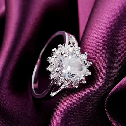 NEW 925 Sterling Silver Shiny Crystal Flower Rings for Women Fashion Wedding Party Gifts Girl Student Charm Jewelry